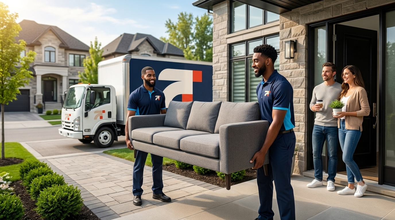 Fast Track Services crew carrying furniture into a home beside a branded moving truck